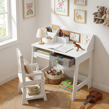 Garvee Kids Study Desk and Chair Set, Wood Writing Table with Storage Bins, Kids Study Desk with Bookshelf, Bulletin Board, Computer Desk for Boys Girls