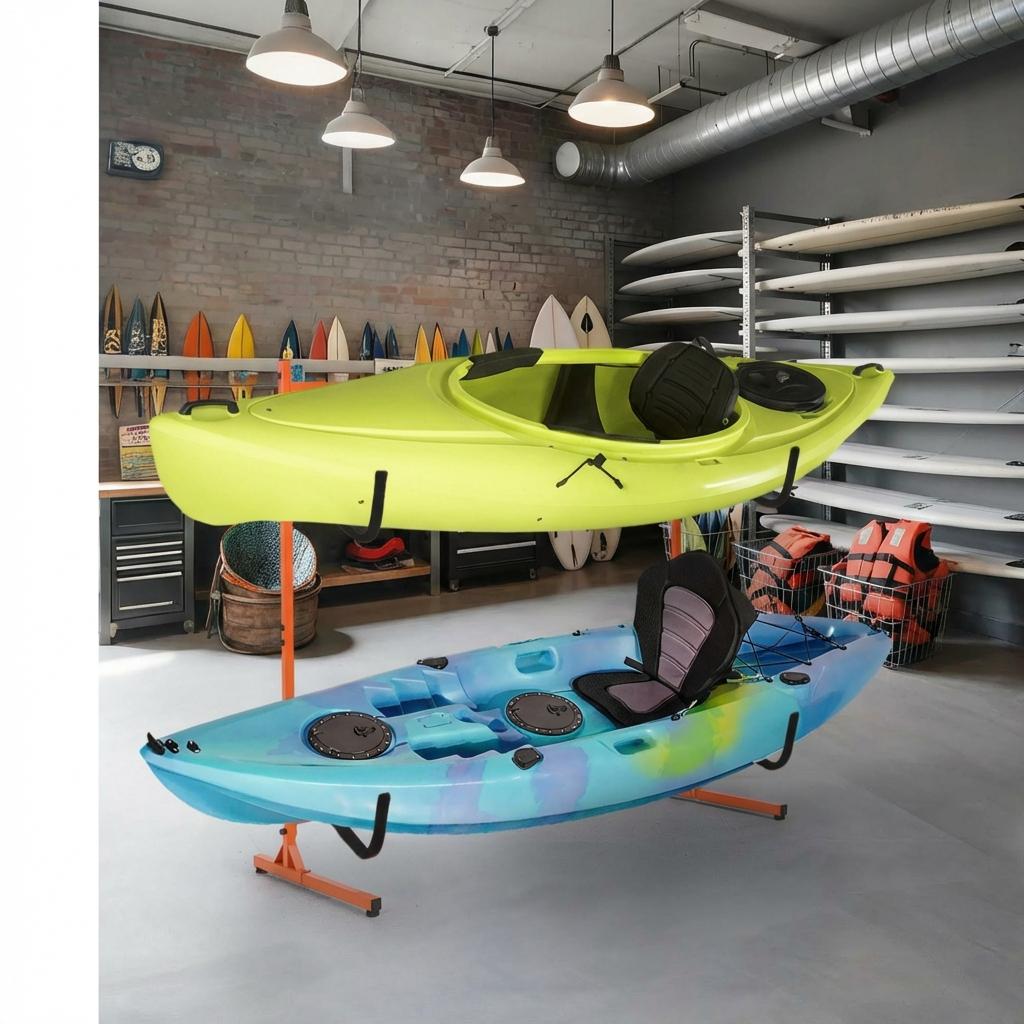 Garvee Heavy Duty Freestanding Kayak Storage Rack – Adjustable Steel Stand for 2 or 4 Kayaks, Canoes, Paddleboards, Surfboards – Padded Arms, Indoor/Outdoor Organizer – Orange Color