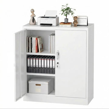 Garvee 35" Metal Storage Cabinet, Heavy Duty Steel Cabinet with Lockable Doors, Adjustable Shelves, Rust Resistant, Compact Garage Cabinet for Office, Workshop or Home, Easy Assembly, White