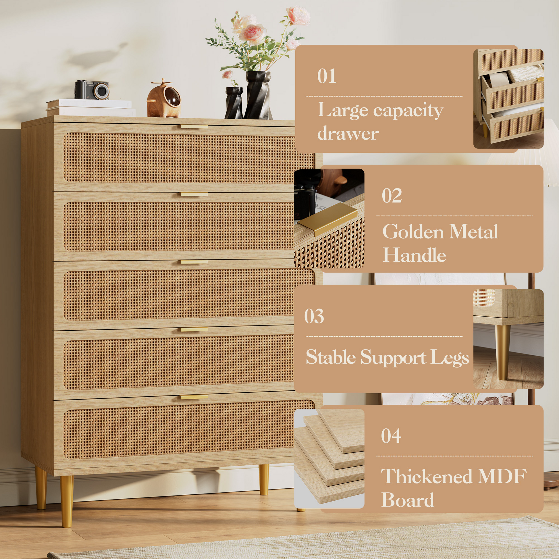 Garvee 5 Drawer Dresser for Bedroom, Rattan Chest of Drawers with Deep Drawers, Large Modern Double Dresser for Closet with Wide Top, Horizontal Wooden Dresser for Living Room, Hallway, Kids Room, Natural