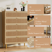 Garvee 5 Drawer Dresser for Bedroom, Rattan Chest of Drawers with Deep Drawers, Large Modern Double Dresser for Closet with Wide Top, Horizontal Wooden Dresser for Living Room, Hallway, Kids Room, Natural