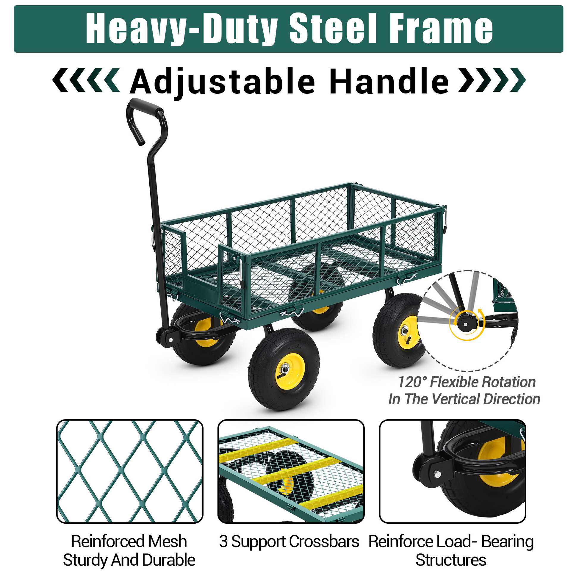 Garvee Heavy Duty Steel Garden Cart 550 LBS Load 3-in-1 Design 10" Pneumatic Tires 180° Rotating Handle Removable Sides for Farm Yard