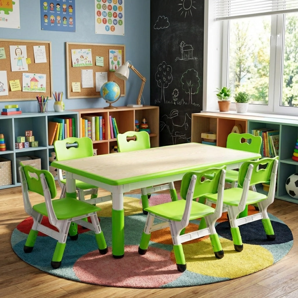 Garvee Kids 7 in 1 Table & Chairs Set in Ergonomic Design, Height Adjustable, Max 300lbs for Home & Classroom Use, Green
