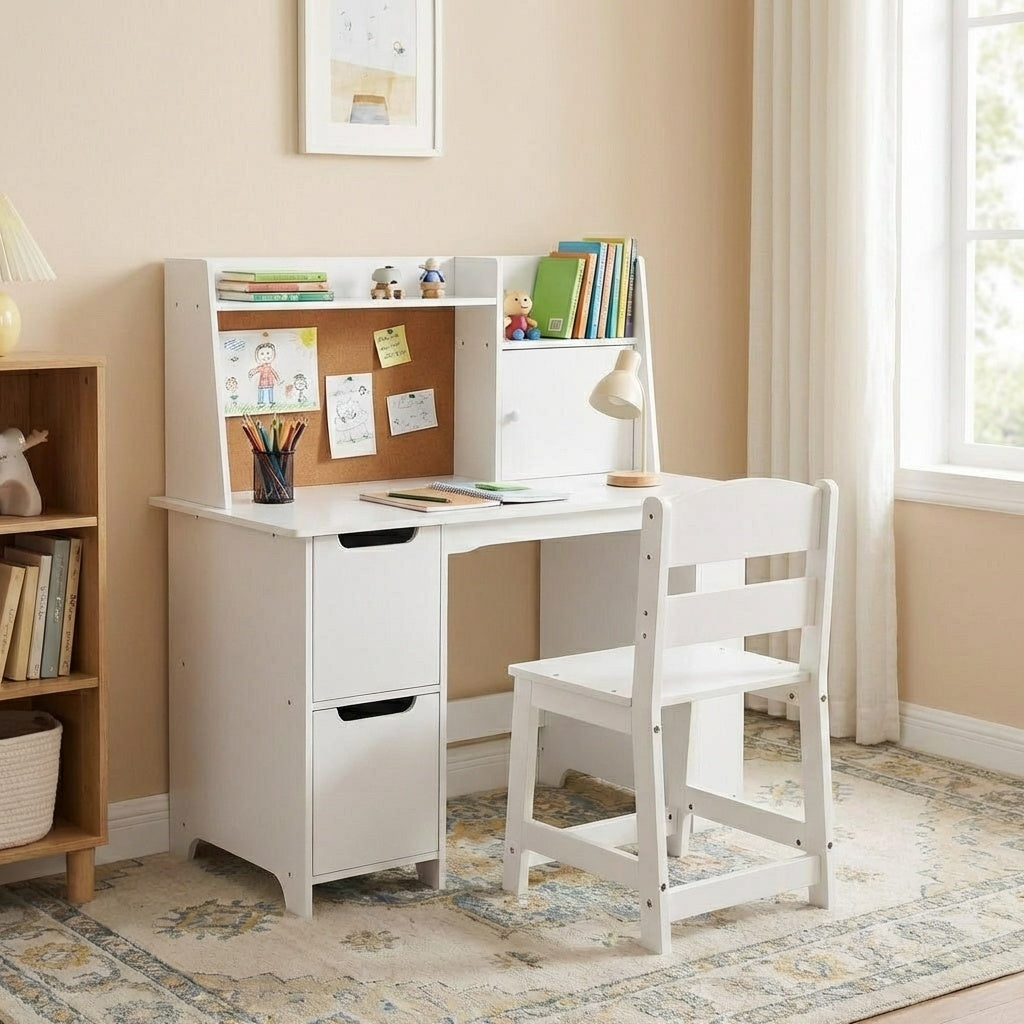Garvee White Study Desk and Chair Set with Storage - Kids' Learning Table for Boys and Girls, Ages 3-10