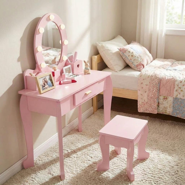 Garvee Kids Vanity Set with Mirror Lights Makeup Table and Chair Wood  Playset for Girls Age 3-10 Years