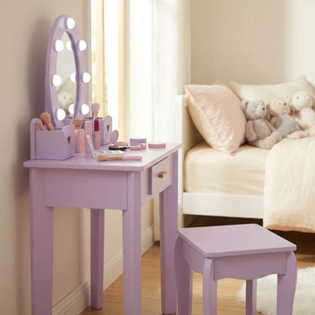 Garvee Kids Vanity Table Set with Lights Mirror, Storage Drawer and Stool Suitable for Girls Age 3-10, Purple
