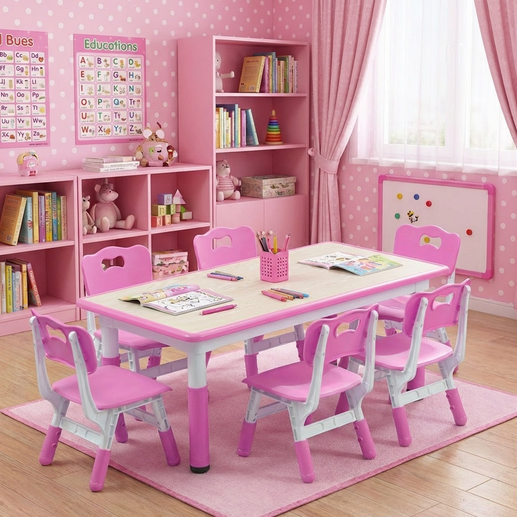 Garvee Kids 7 in 1 Table & Chairs Set in Ergonomic Design, Height Adjustable, Max 300lbs for Home & Classroom Use, Pink