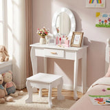 Garvee Kids Vanity Table Set with Lights Mirror, Storage Drawer and Stool Suitable for Girls Age 3-10, White - White
