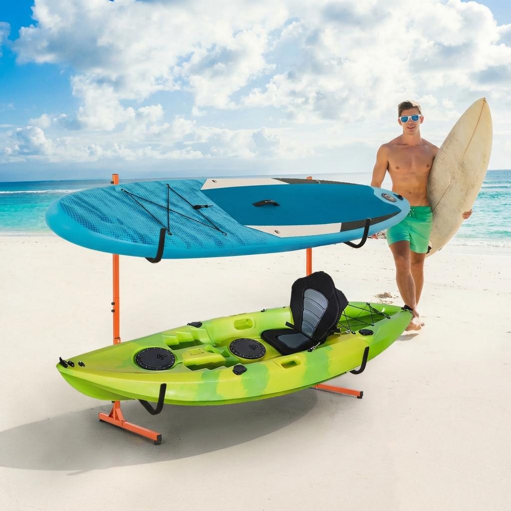 Garvee Heavy Duty Freestanding Kayak Storage Rack – Adjustable Steel Stand for 2 or 4 Kayaks, Canoes, Paddleboards, Surfboards – Padded Arms, Indoor/Outdoor Organizer – Orange Color