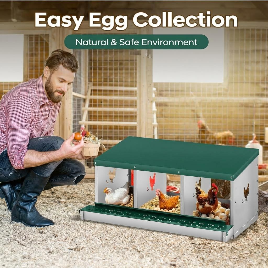 Garvee Chicken Nesting Box, 3 Room Galvanized Steel Laying Boxes, Metal Nesting Boxes for Hens with 10 Pads & 4 Fake Eggs, Easy Egg Collection, Vented Holes Poultry Nest for Chicken Coop, Green