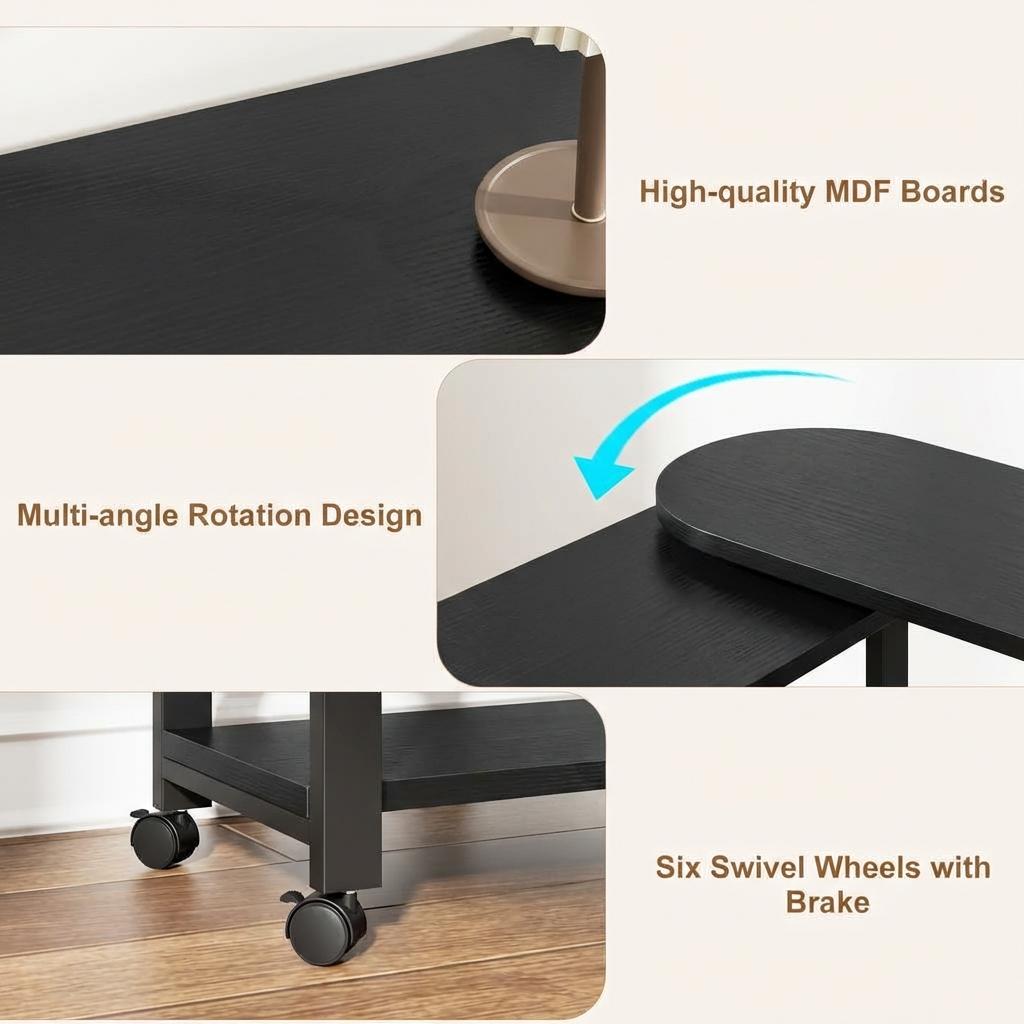 Garvee 360° Rotatable End Table with Charging Station, Extra Storage, Lockable Wheels, MDF & Metal, for Bedroom, Living Room, Black