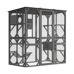 Garvee 70" Large Wooden Cat Cage with Roof, Multi-Level Cat House with 4 Platforms, Hammock & Scratching Post, Cats Enclosure Window Access for Outdoor & Indoor - Dark Gray