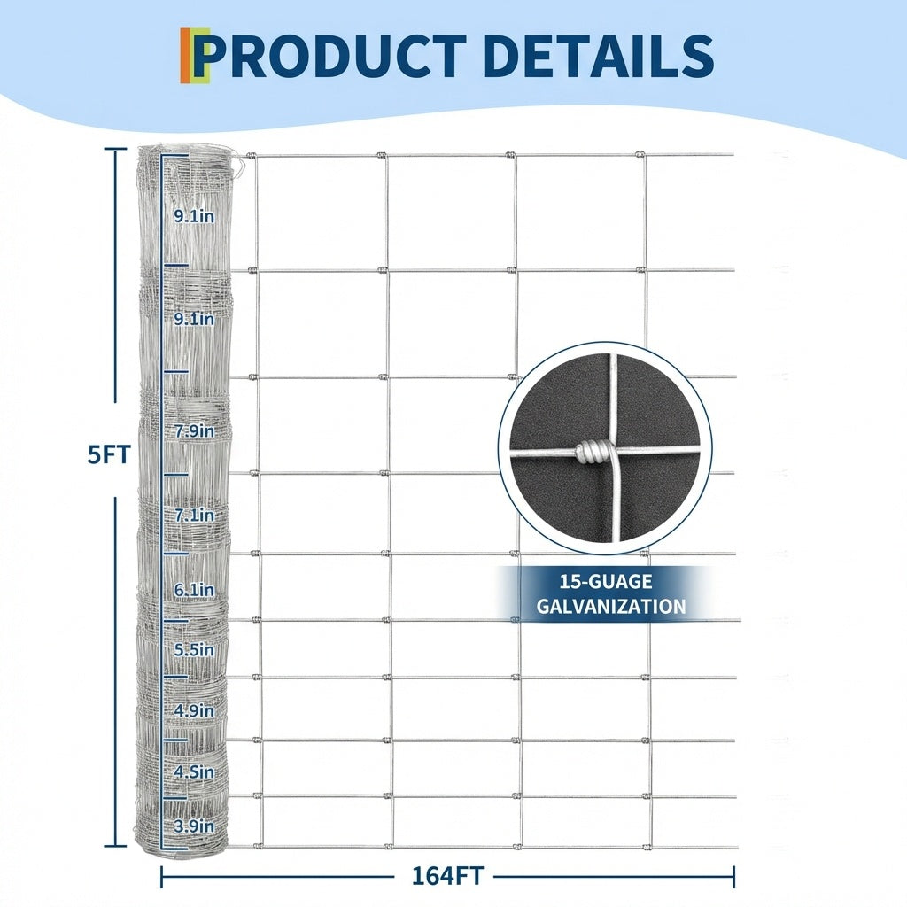 Garvee 5'x164' Cattle Fence - 15-Gauge Galvanized Steel with Zinc Coating, Reinforced Joints for Livestock & Garden Protection