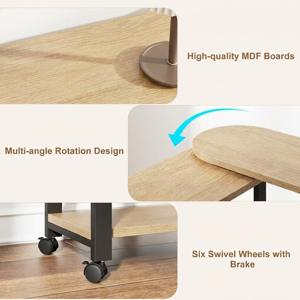 Garvee 360° Rotatable End Table with Charging Station, Extra Storage, Lockable Wheels, MDF & Metal, for Bedroom, Living Room, Wood Color