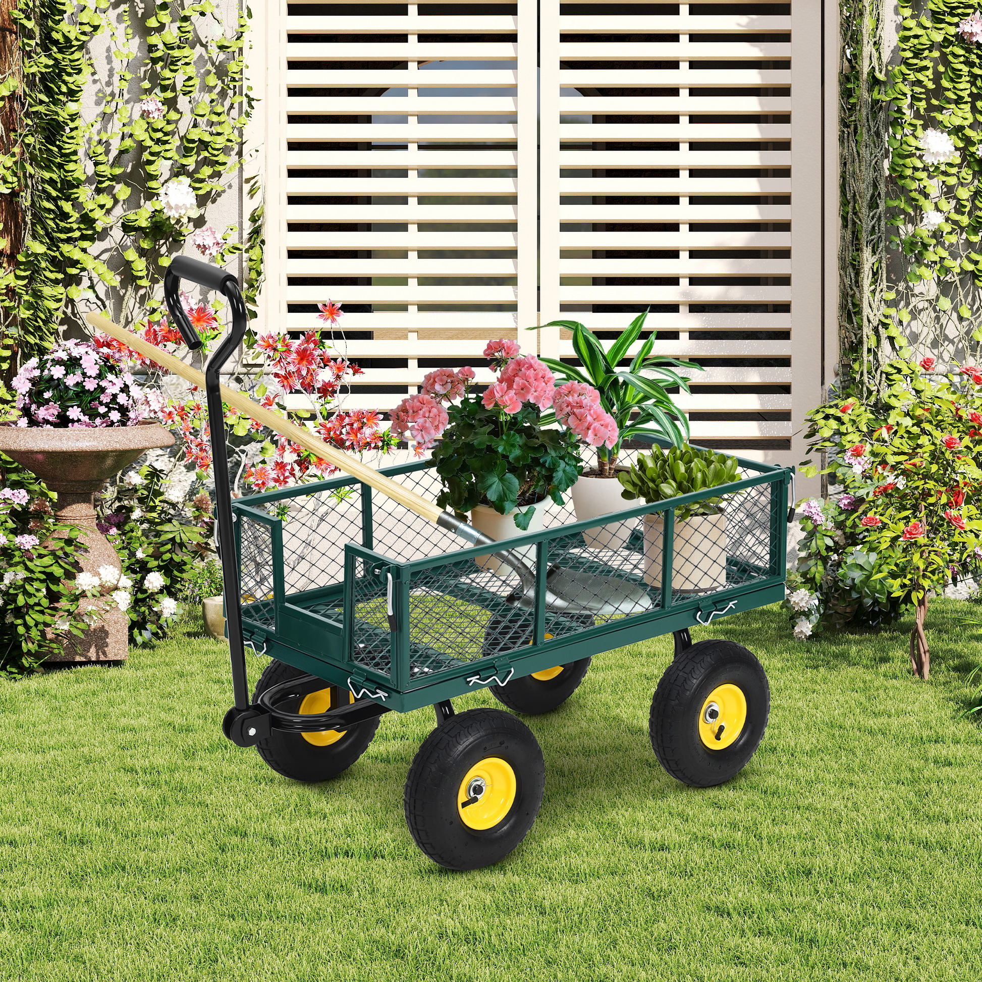 Garvee Heavy Duty Steel Garden Cart 550 LBS Load 3-in-1 Design 10" Pneumatic Tires 180° Rotating Handle Removable Sides for Farm Yard