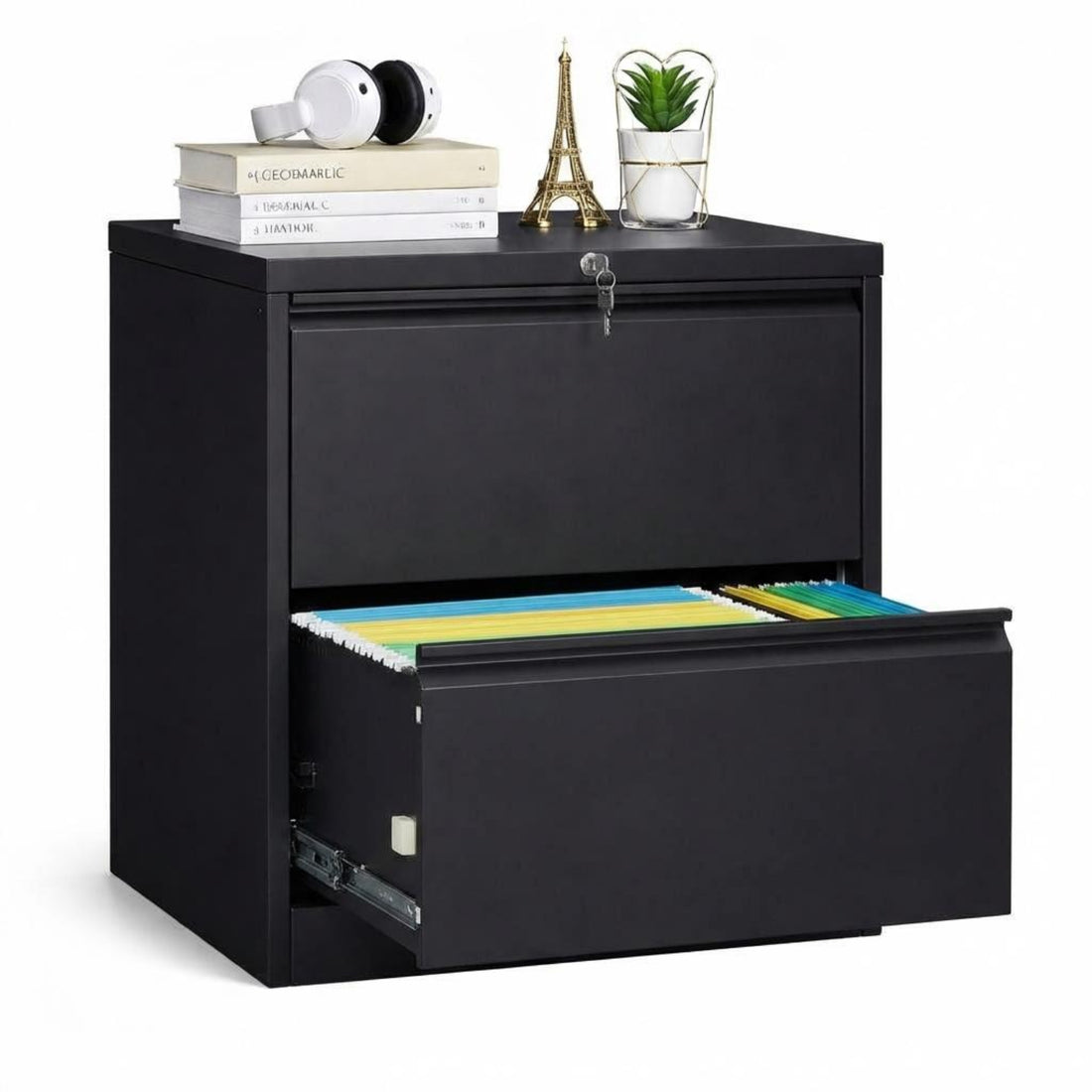 Garvee 2 Drawer File Cabinet with Lock, Metal Lateral File Cabinets for Home Office, Steel Wide Filing Organization Storage Cabinets for Hanging Files Letter/Legal/F4/A4 Size, Black