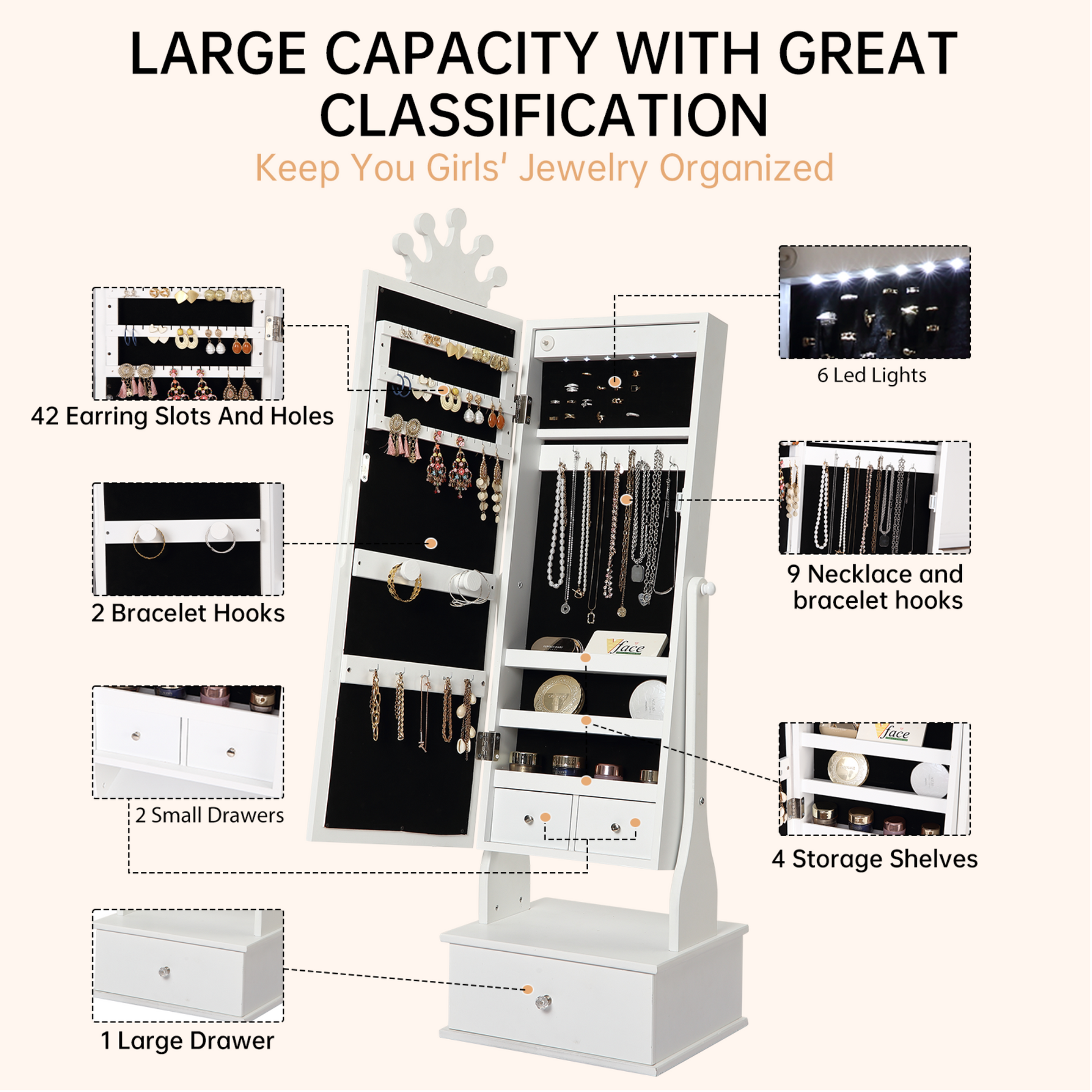Garvee Freestanding Jewelry Armoire Cabinet with Led Light, Full-Length Mirror and 3 Storage Drawers for Girls, White