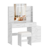 Garvee Makeup Vanity Desk with LED Mirror Lights, 6 Drawers, USB Ports, Soft Cushion Stool, Hair Dryer Stand - Wood, Adjustable Brightness, Home Beauty Station - Marble