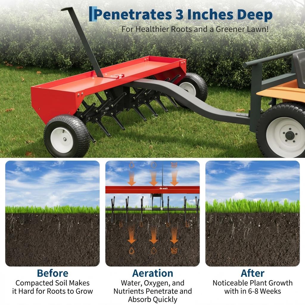 Garvee Heavy-Duty Steel Tow-Behind Lawn Plug Aerator – 48 Inch Global Hitch – Tractor Soil Aeration Attachment – Red – 48 Inch|Red