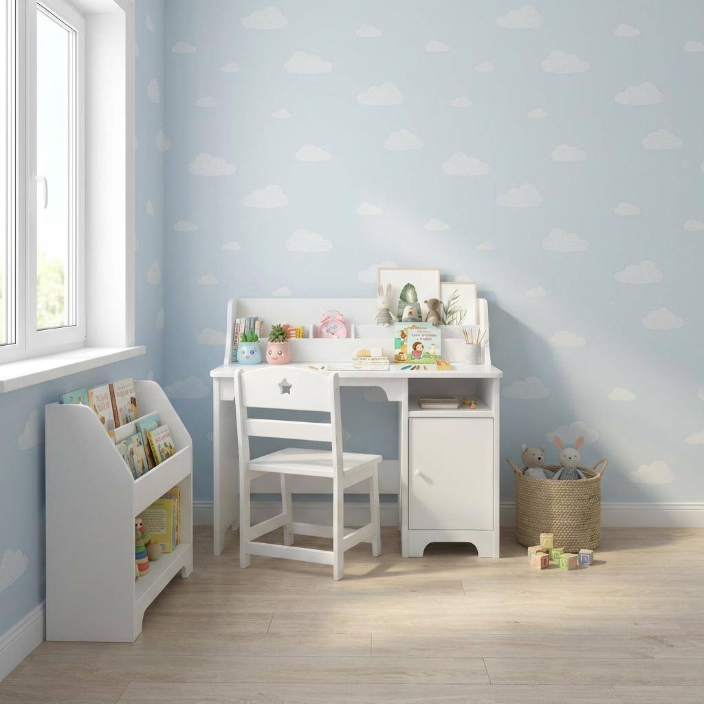 Garvee Kids Desk and Chair Set, Study Desk for Kids with Hutch, Storage Cabinet, Wooden Children Study Table, Student Writing Desk for Kids Bedroom & Study Room, White