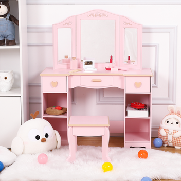 Garvee Girls' Vanity Table and Stool Set with Mirror, Drawer and Wood Makeup Playset Toy for Age 3-10, Pink