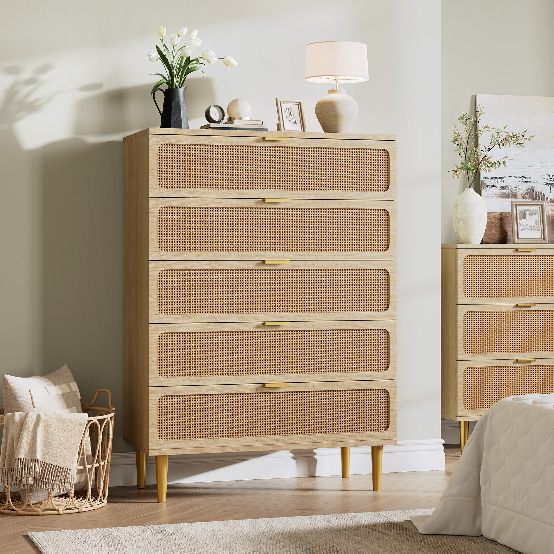 Garvee 5 Drawer Dresser for Bedroom, Rattan Chest of Drawers with Deep Drawers, Large Modern Double Dresser for Closet with Wide Top, Horizontal Wooden Dresser for Living Room, Hallway, Kids Room, Natural