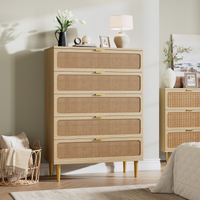 Garvee 5 Drawer Dresser for Bedroom, Rattan Chest of Drawers with Deep Drawers, Large Modern Double Dresser for Closet with Wide Top, Horizontal Wooden Dresser for Living Room, Hallway, Kids Room, Natural
