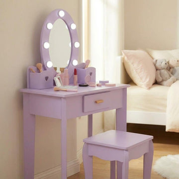 Garvee Kids Vanity Table Set with Lights Mirror, Storage Drawer and Stool Suitable for Girls Age 3-10, Purple