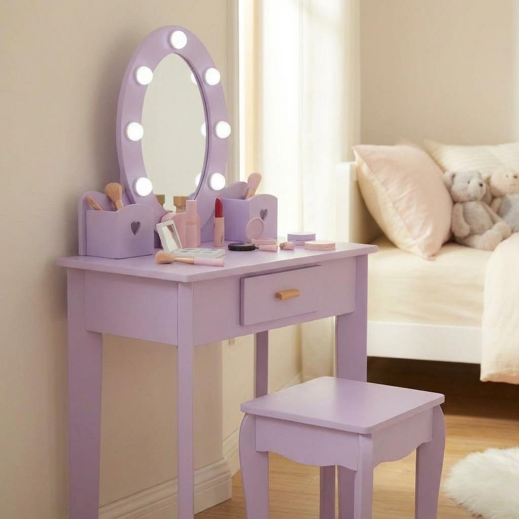Garvee Kids Vanity with Lights, Kids Vanity Table and Chair Set with Mirror & Storage Drawer, Little Princess Makeup Table with Stool for Girls, Purple