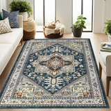 Garvee Washable 2x3 Area Rugs Vintage Tribal Entryway Rugs for Kitchen Bathroom Non-Slip Indoor Door Mat Retro Medallion Stain Resistant Small Throw Carpet for Bedroom Entry Blue - Blue