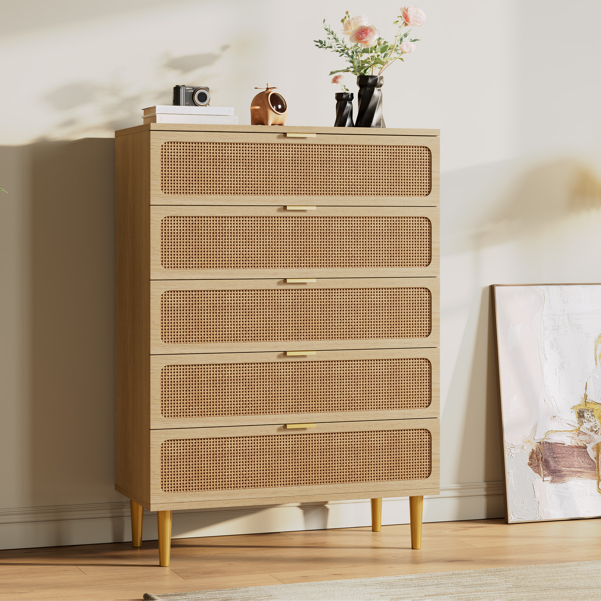 Garvee 5 Drawer Dresser for Bedroom, Rattan Chest of Drawers with Deep Drawers, Large Modern Double Dresser for Closet with Wide Top, Horizontal Wooden Dresser for Living Room, Hallway, Kids Room, Natural