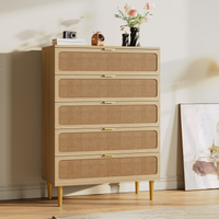 Garvee 5 Drawer Dresser for Bedroom, Rattan Chest of Drawers with Deep Drawers, Large Modern Double Dresser for Closet with Wide Top, Horizontal Wooden Dresser for Living Room, Hallway, Kids Room, Natural