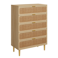 Garvee 5 Drawer Dresser for Bedroom, Rattan Chest of Drawers with Deep Drawers, Large Modern Double Dresser for Closet with Wide Top, Horizontal Wooden Dresser for Living Room, Hallway, Kids Room, Natural