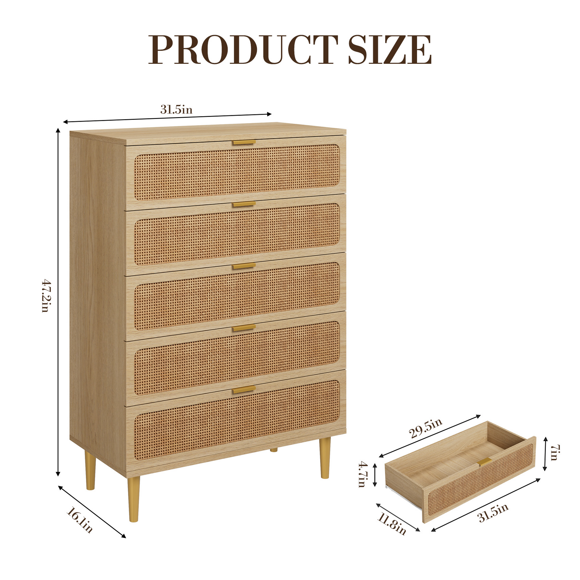 Garvee 5 Drawer Dresser for Bedroom, Rattan Chest of Drawers with Deep Drawers, Large Modern Double Dresser for Closet with Wide Top, Horizontal Wooden Dresser for Living Room, Hallway, Kids Room, Natural