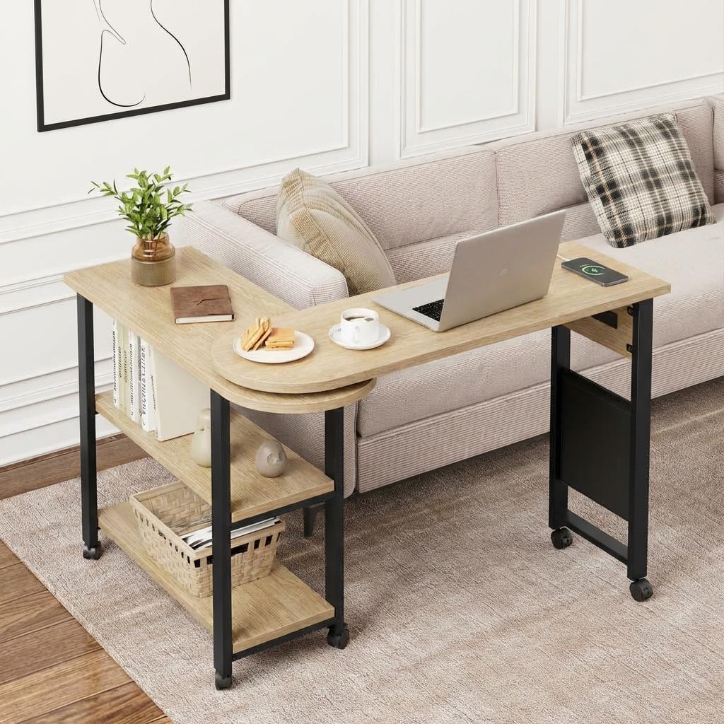 Garvee 360° Rotatable End Table with Charging Station, Extra Storage, Lockable Wheels, MDF & Metal, for Bedroom, Living Room, Wood Color