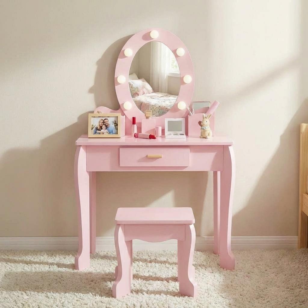 Garvee Kids Vanity Set with Mirror, Kids Vanity Table and Chair Set Girls' Makeup Dressing Table with Lights & Wood Makeup Playset for Age 4-9 Years