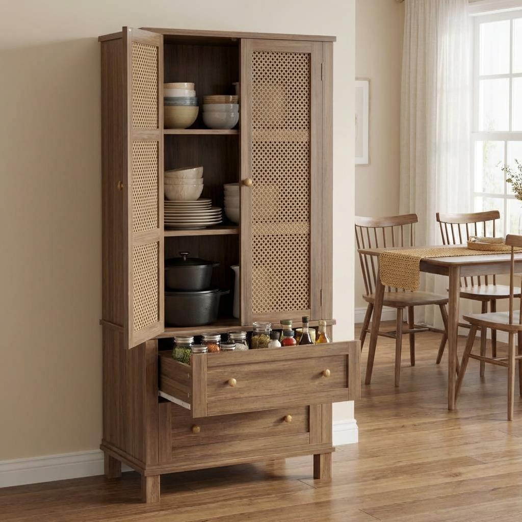 Garvee Wood Freestanding Kitchen Pantry with Rattan Doors, Adjustable Shelves and Drawers forKitchen, Walnut