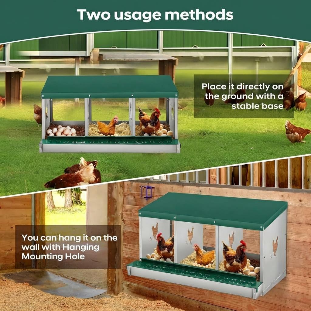 Garvee Chicken Nesting Box, 3 Room Galvanized Steel Laying Boxes, Metal Nesting Boxes for Hens with 10 Pads & 4 Fake Eggs, Easy Egg Collection, Vented Holes Poultry Nest for Chicken Coop, Green
