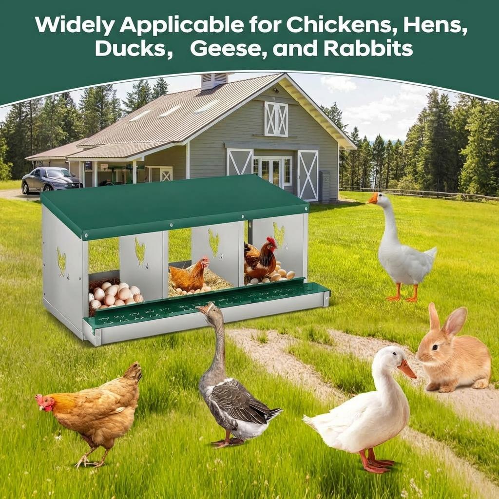 Garvee Chicken Nesting Box, 3 Room Galvanized Steel Laying Boxes, Metal Nesting Boxes for Hens with 10 Pads & 4 Fake Eggs, Easy Egg Collection, Vented Holes Poultry Nest for Chicken Coop, Green