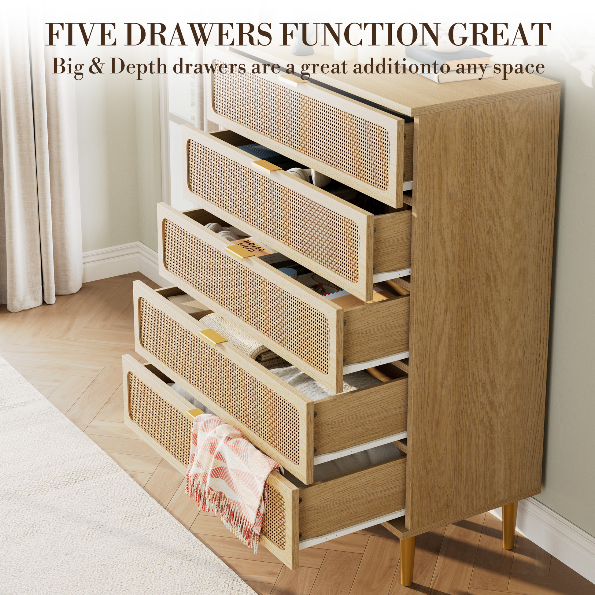 Garvee 5 Drawer Dresser for Bedroom, Rattan Chest of Drawers with Deep Drawers, Large Modern Double Dresser for Closet with Wide Top, Horizontal Wooden Dresser for Living Room, Hallway, Kids Room, Natural