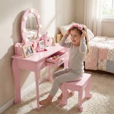 Garvee Kids Vanity Table Set with Lights Mirror, Storage Drawer and Stool Suitable for Girls Age 3-10, Pink - Pink