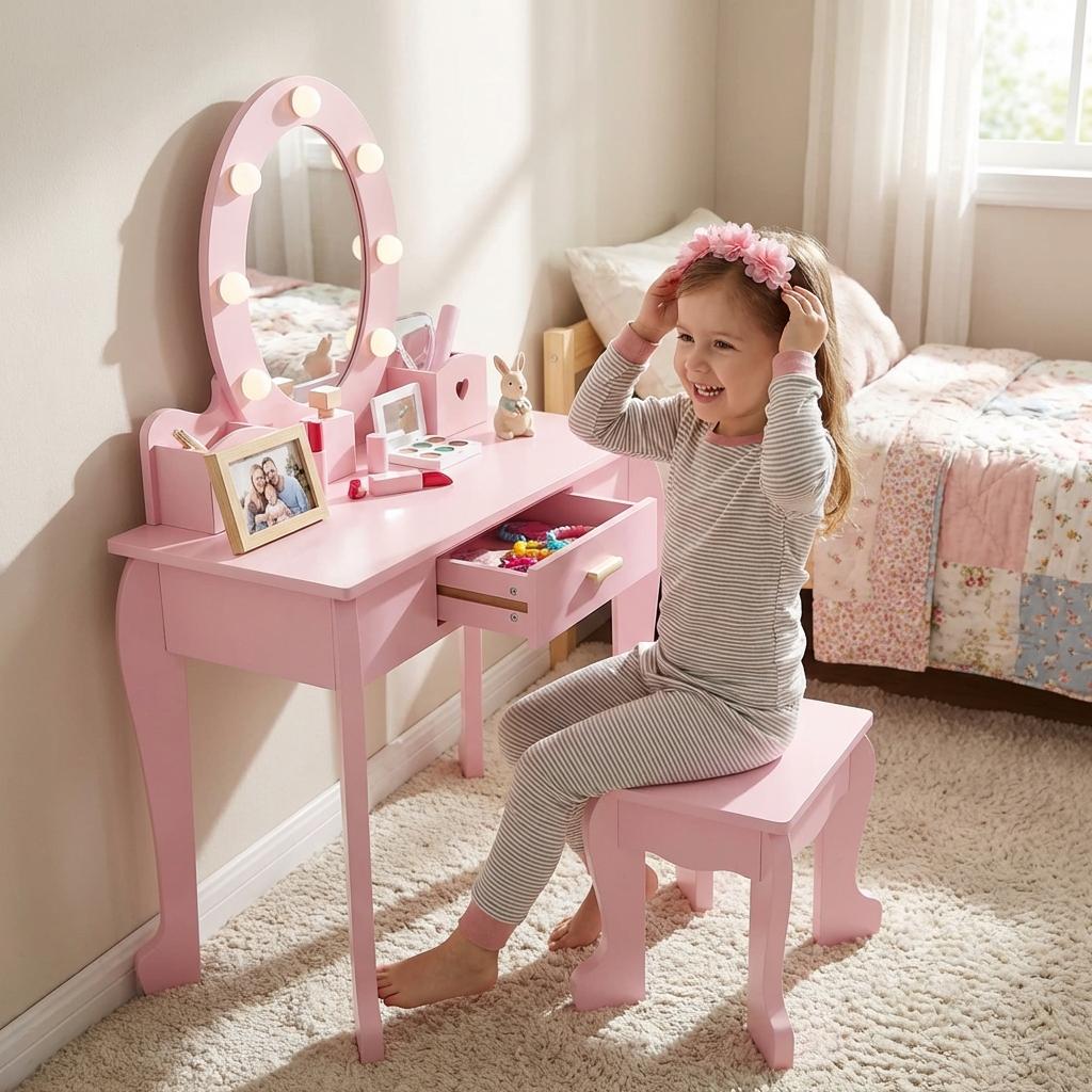 Garvee Kids Vanity Set with Mirror, Kids Vanity Table and Chair Set Girls' Makeup Dressing Table with Lights & Wood Makeup Playset for Age 4-9 Years