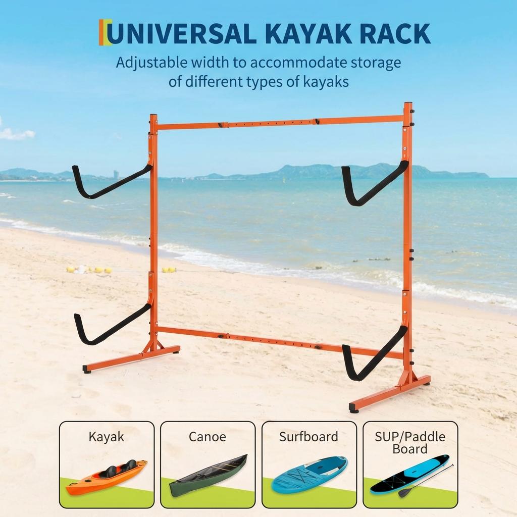 Garvee Heavy Duty Freestanding Kayak Storage Rack – Adjustable Steel Stand for 2 or 4 Kayaks, Canoes, Paddleboards, Surfboards – Padded Arms, Indoor/Outdoor Organizer – Orange Color
