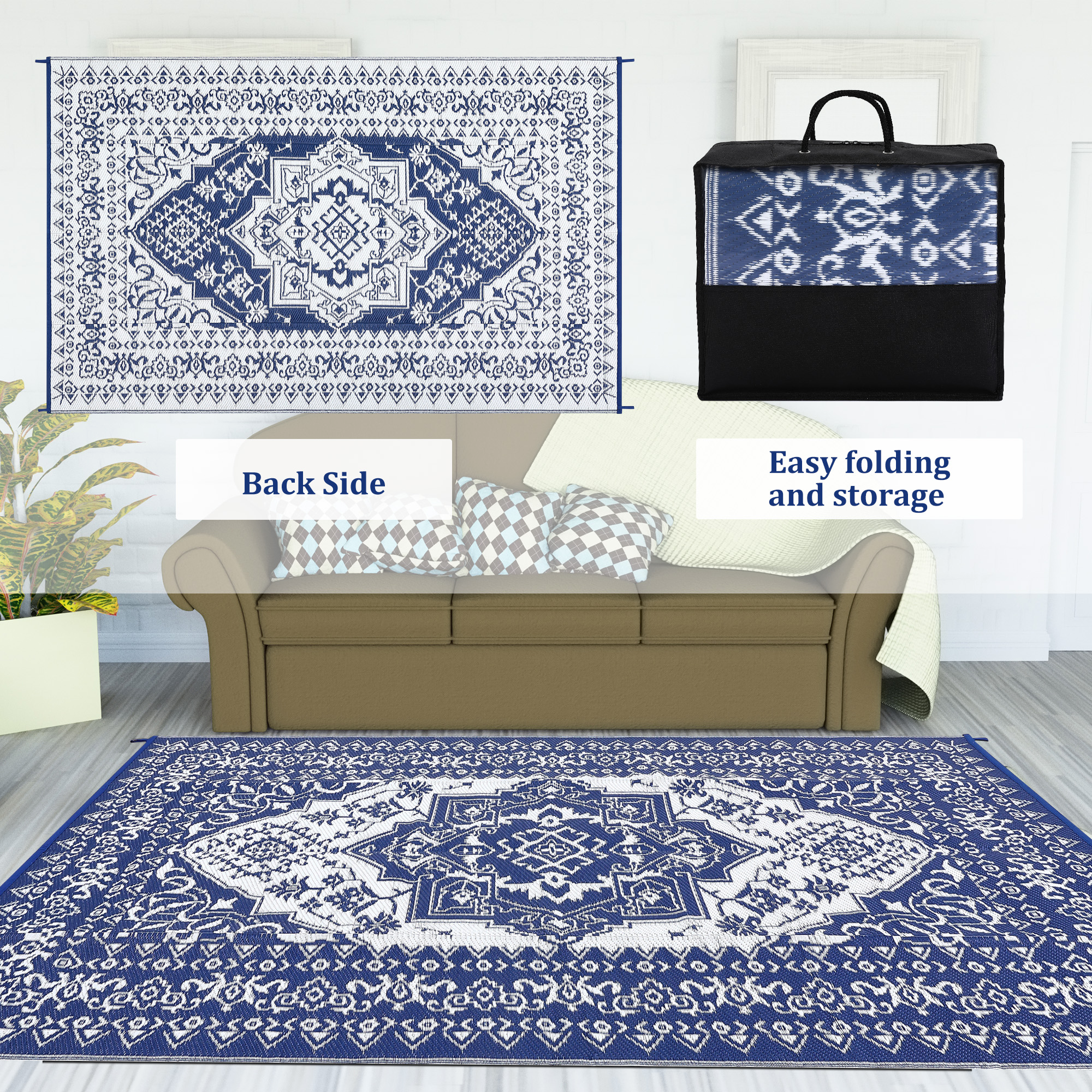 Navy Blue & White 9x18 Outdoor Rug - Waterproof Reversible for RV