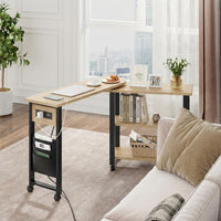 Garvee 360° Rotatable End Table with Charging Station, Extra Storage, Lockable Wheels, MDF & Metal, for Bedroom, Living Room, Wood Color