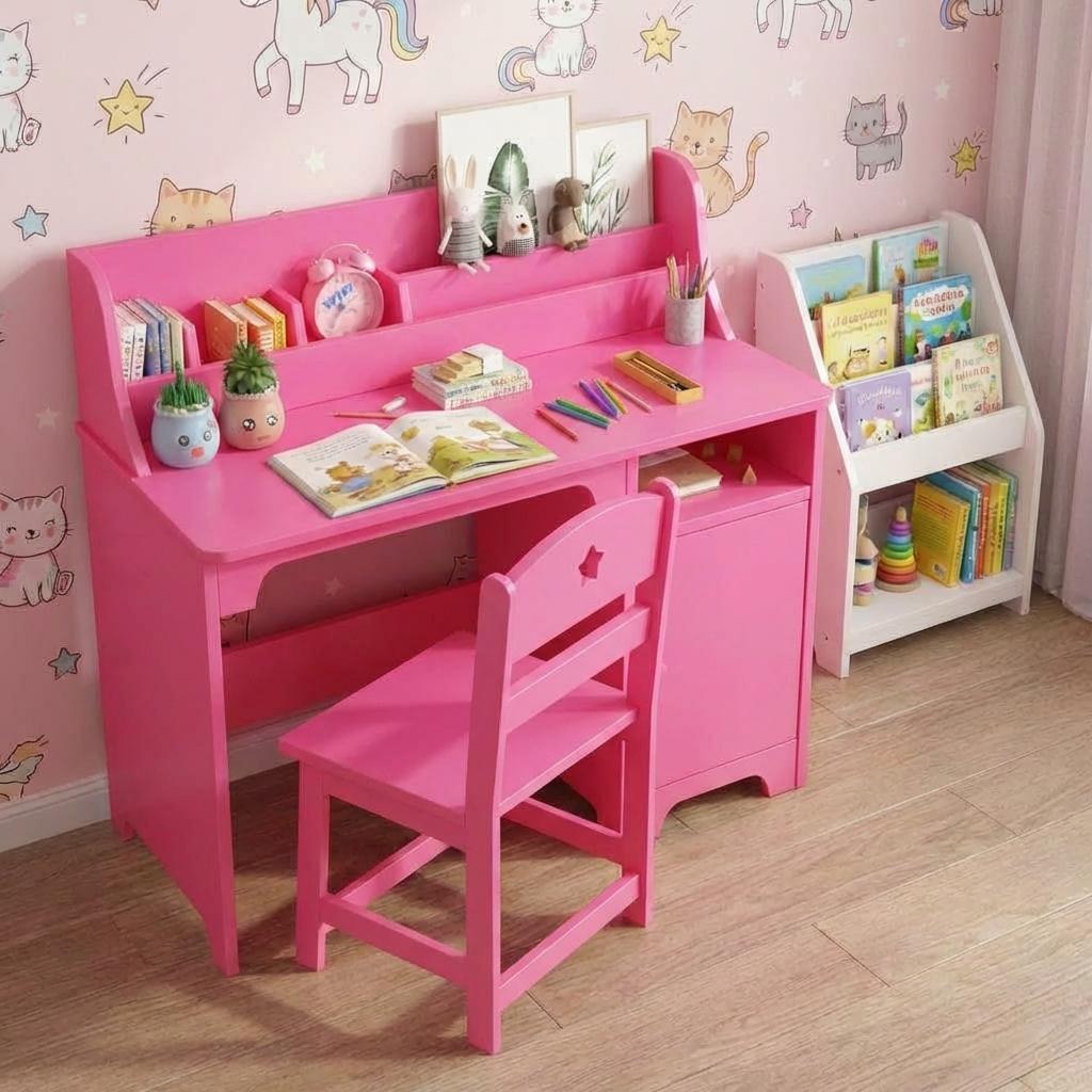 Garvee Kids Study Desk with Chair, Wooden Children Study Table, Kids Desk & Chair Sets with Hutch and Storage Cabinet for 3-12 Year Old, Student Writing Desk for Kids Bedroom & Study Room