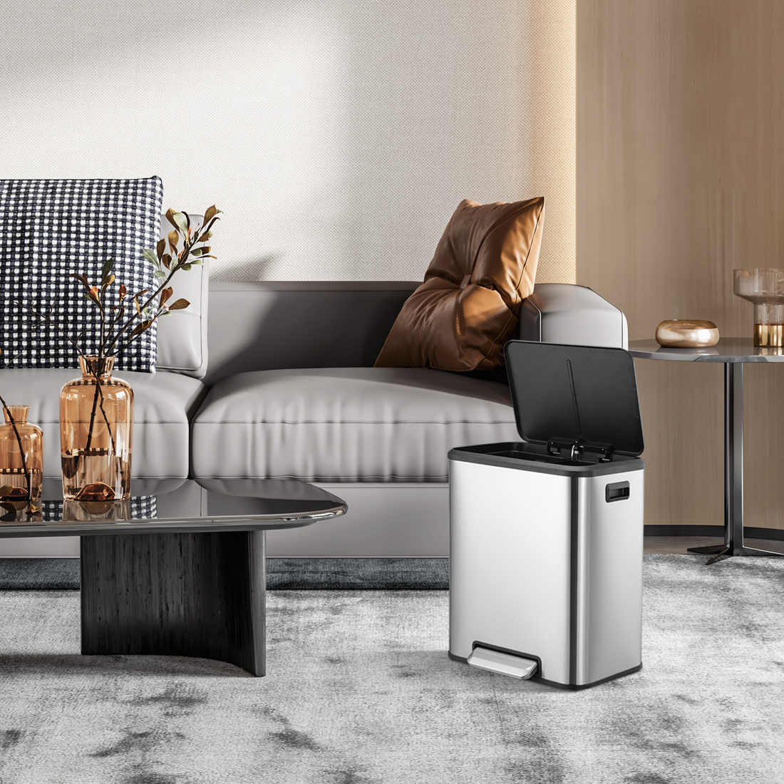 Garvee 8 Gallon Stainless Steel Dual Trash Can Recycling Bin with Removable Inner Bin and Soft Close Lid for Kitchen and Home Office, Silver