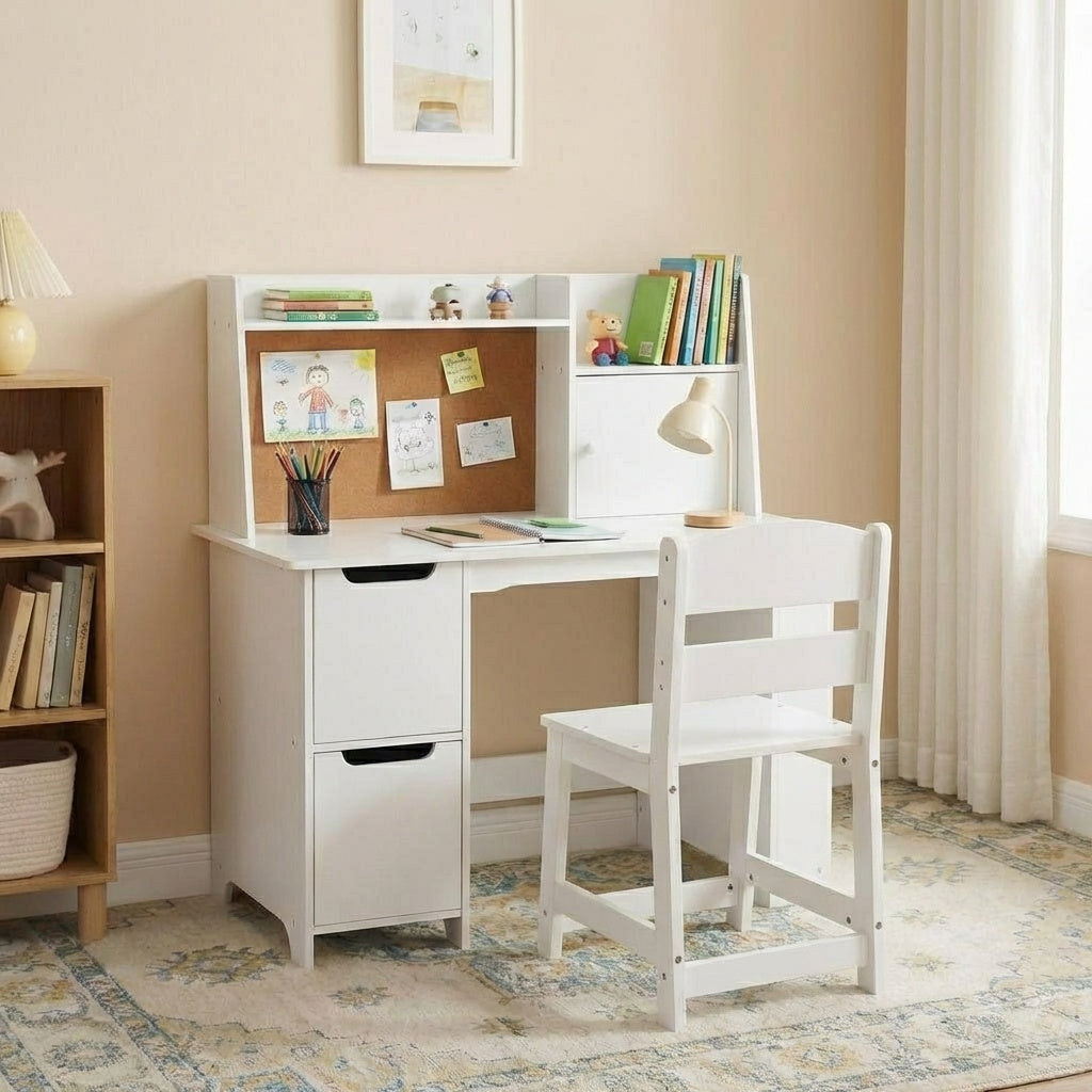 Garvee White Study Desk and Chair Set with Storage - Kids' Learning Table for Boys and Girls, Ages 3-10