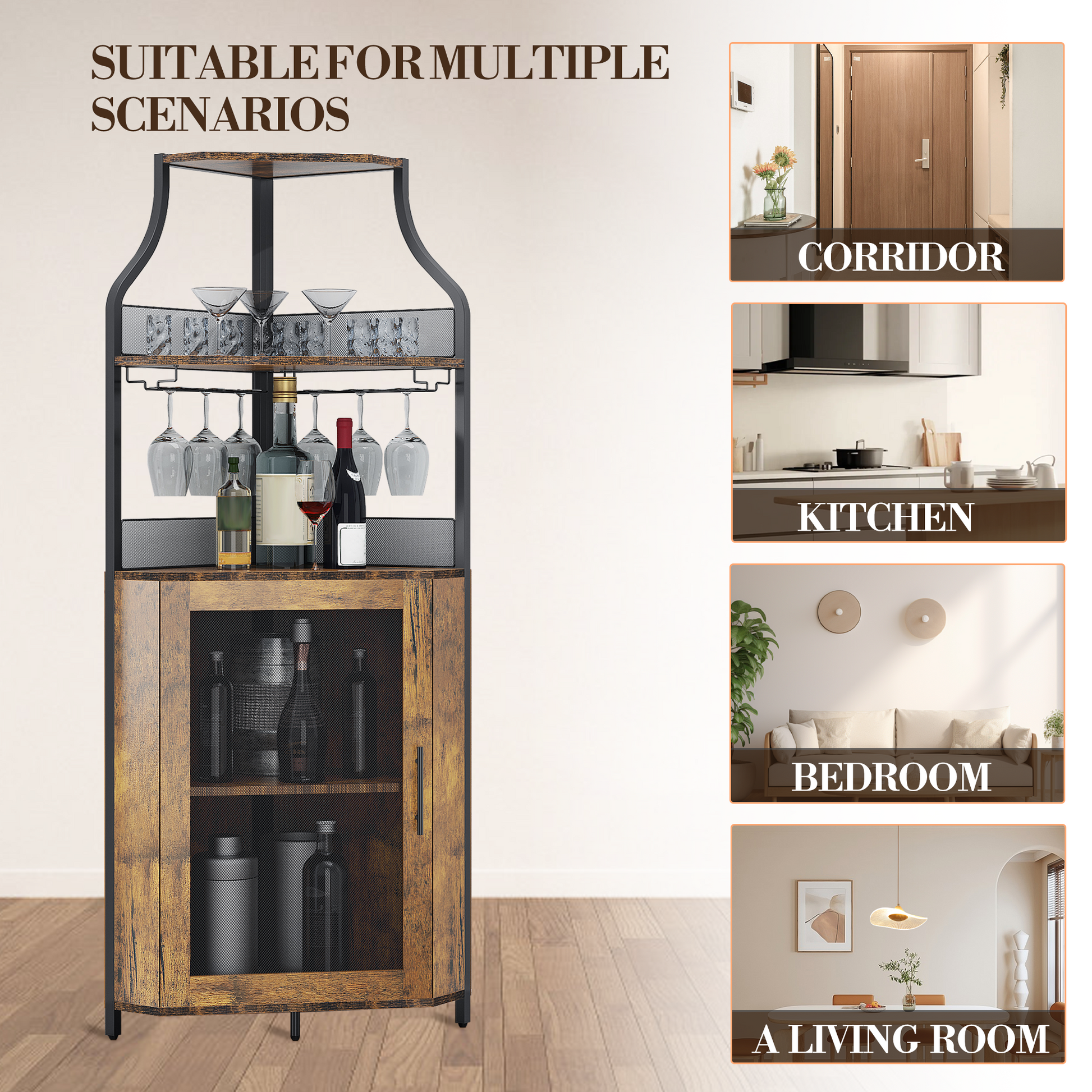 Garvee Corner Wine Bar Rack Cabinet with Detachable Wine Rack, Bar Cabinet with Glass Holder and Mesh Door, Liquor Coffe Bar Cabinet with Adjustable Shelves, Rustic Brown