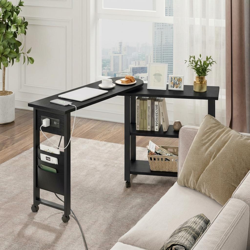 Garvee 360° Rotatable End Table with Charging Station, Extra Storage, Lockable Wheels, MDF & Metal, for Bedroom, Living Room, Black